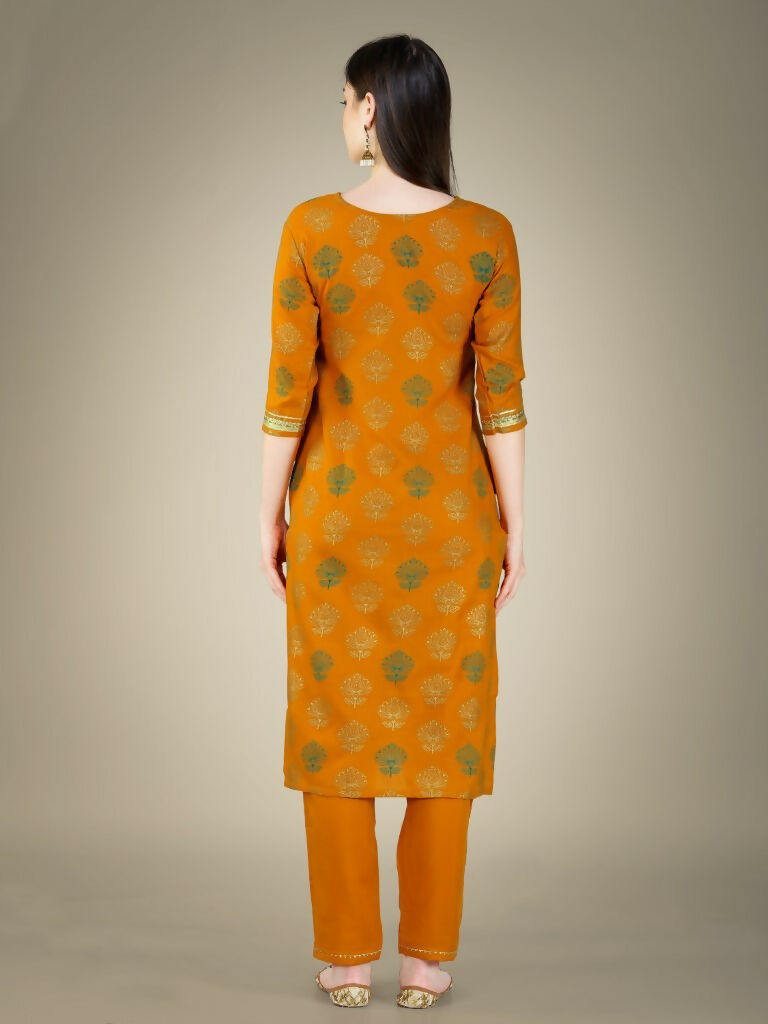 Yellow Cotton Magic Slub Straight Kurta Set with Embroidery