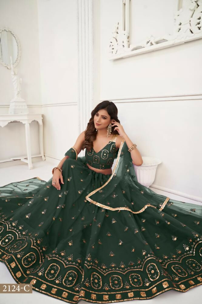 Dark Green Butterfly Net Lehenga with Sandwich Sequence Work
