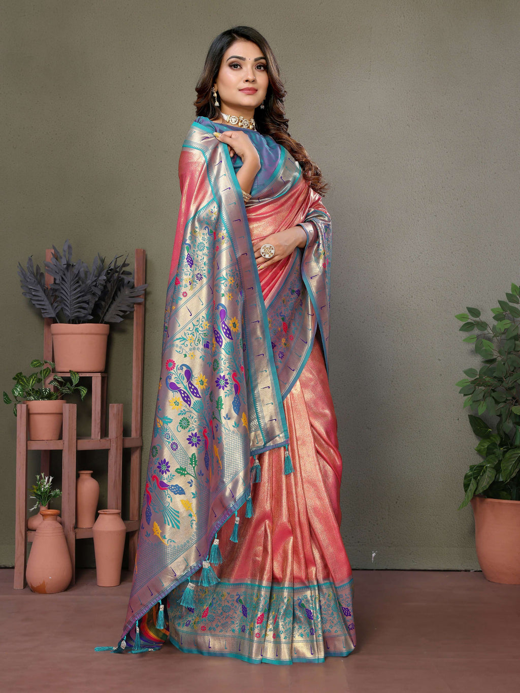 Dusty Pink Tissue Silk Paithani Woven Saree for Weddings