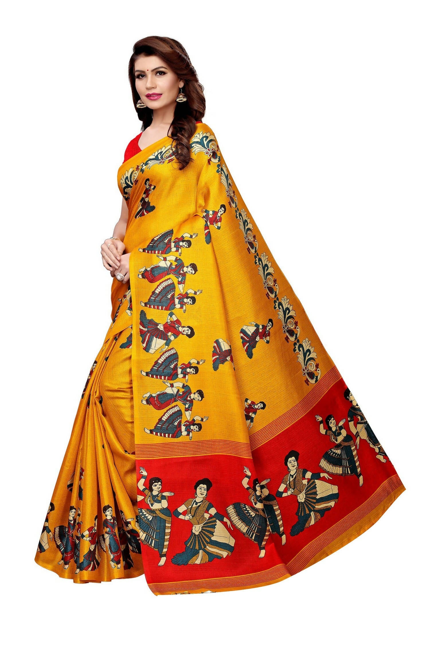 Yellow Kalamkari Khadi Silk Saree with Jhalar and Red Blouse
