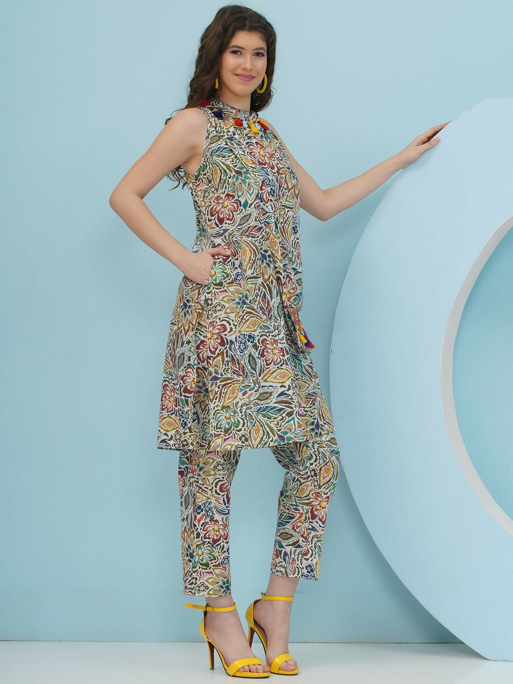 Floral Co-Ord Set with Embellished Sling Bag in Multi-Color Cotton