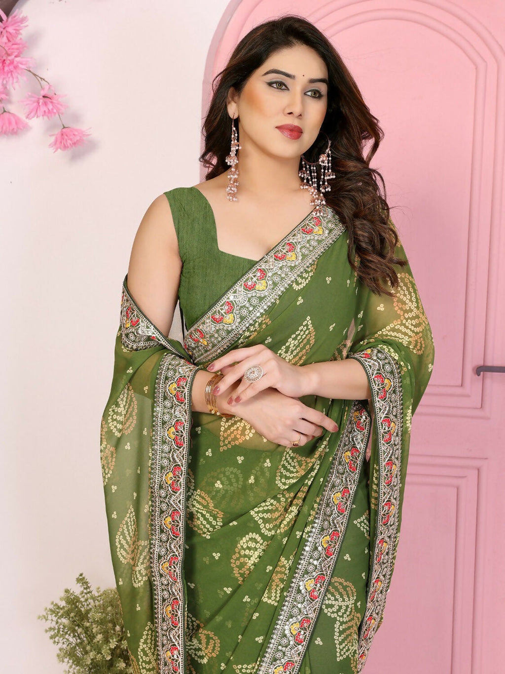 Mehendi Georgette Rajwadi Bandhani Print Ethnic Party Wear Saree