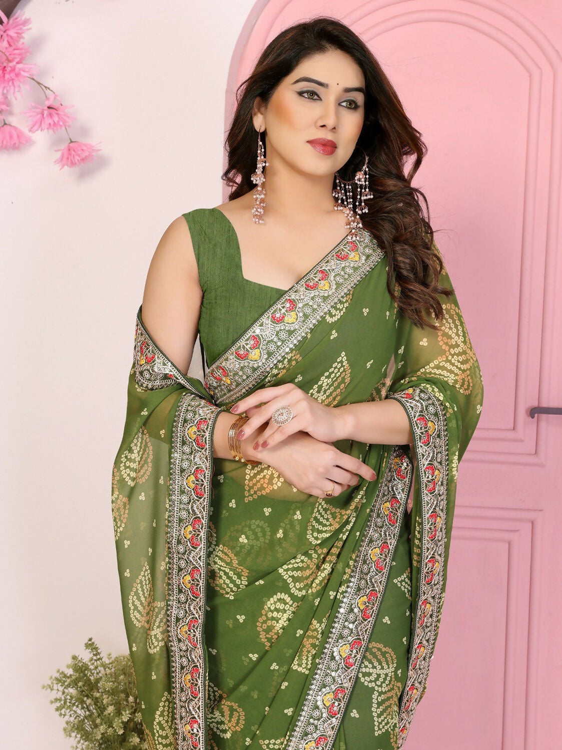 Mehendi Georgette Rajwadi Bandhani Print Ethnic Party Wear Saree