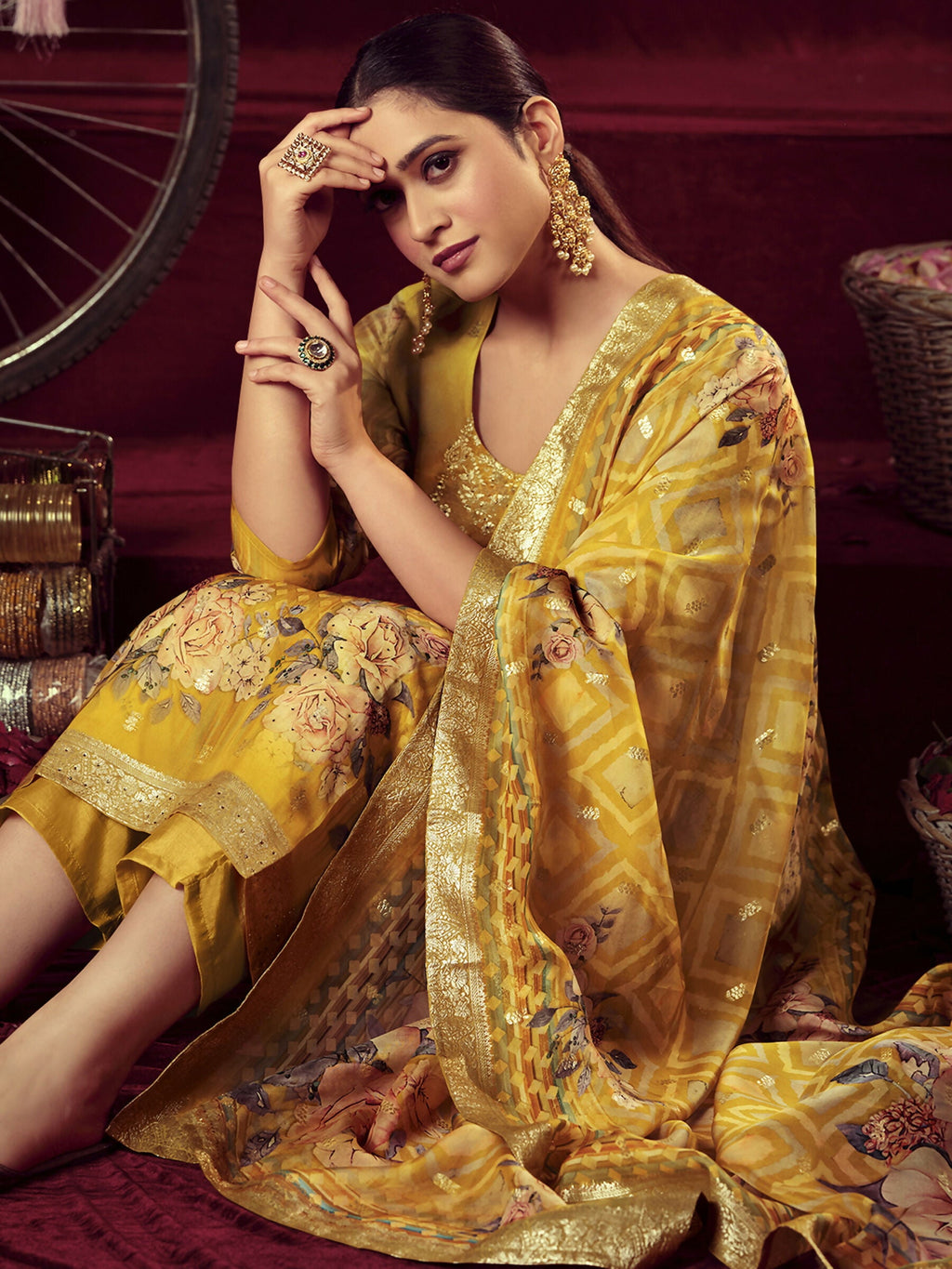 Jyoti Fashion Women's Mustard Organza Jacquard Woven Kurta with Trouser & Dupatta