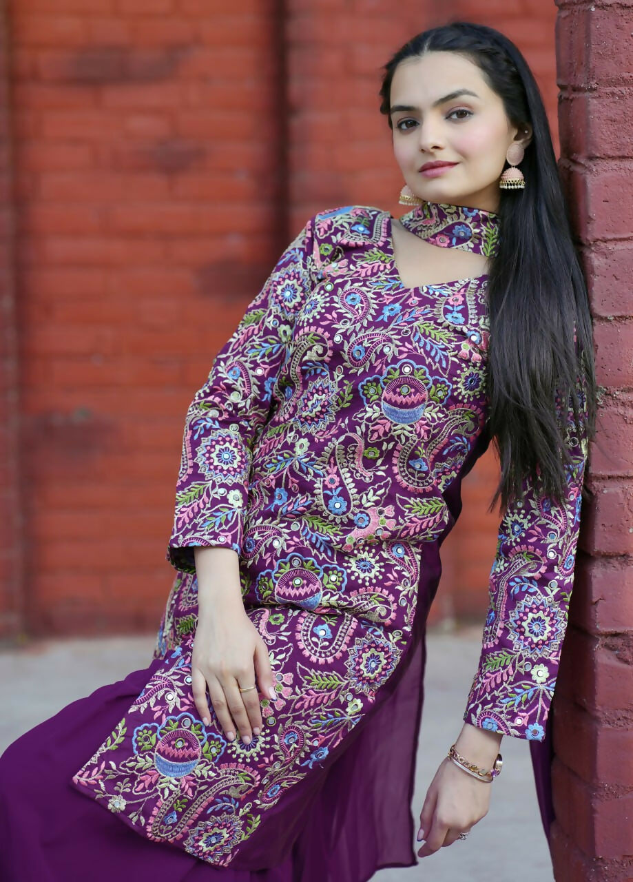 Wine Silk Embroidered Sharara Set with Designer Kurti