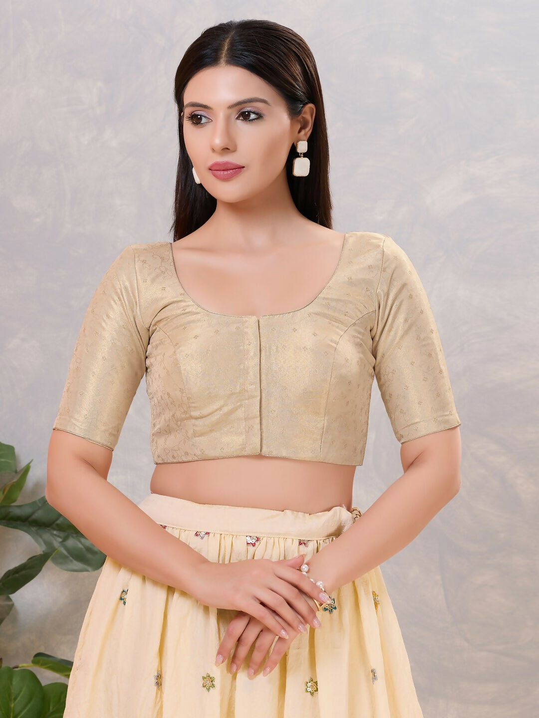 Elegant gold silk round neck blouse, plain design for formal sarees