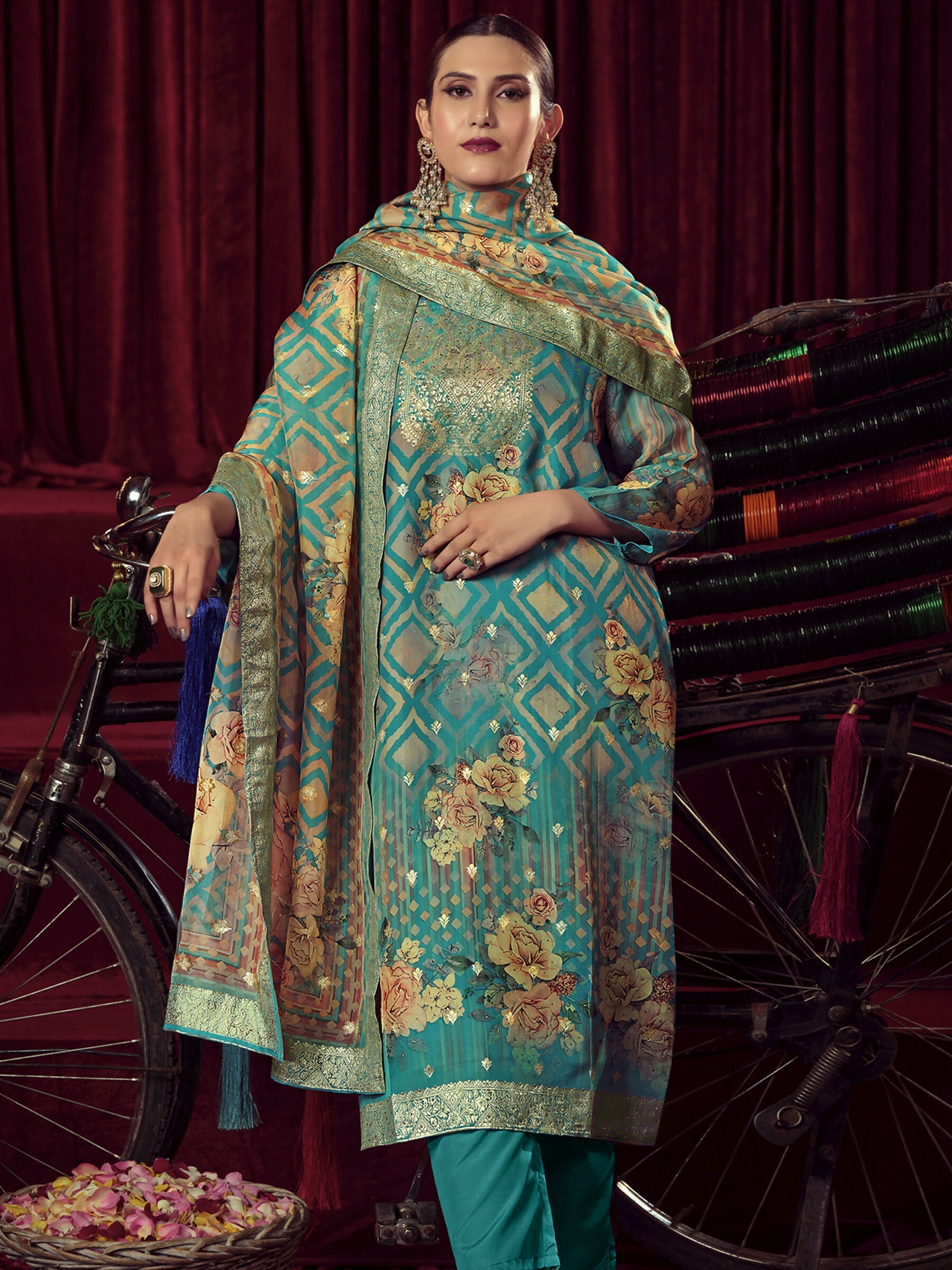 Turquoise Organza Jacquard Woven Kurta Set with Dupatta