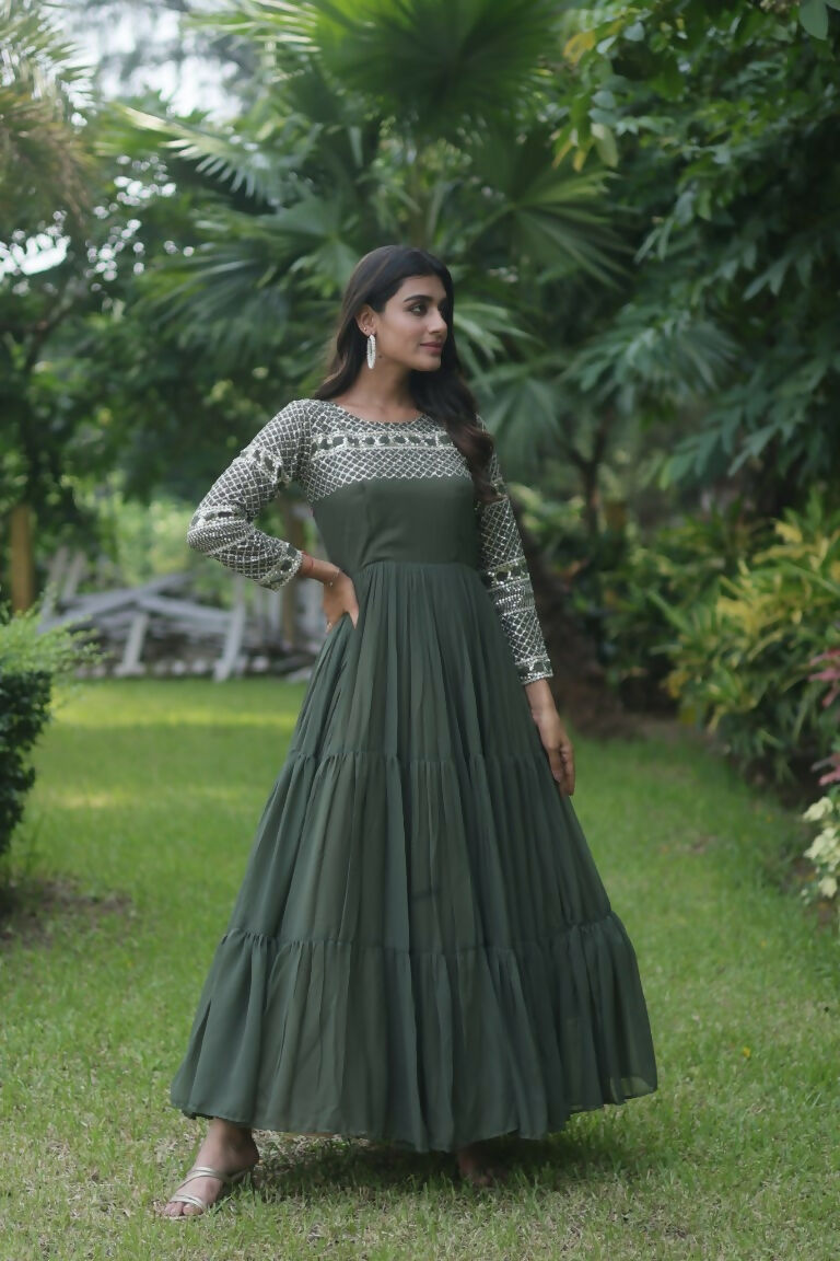 Mehendi Green Sequins Zari Embroidered Faux Georgette Anarkali