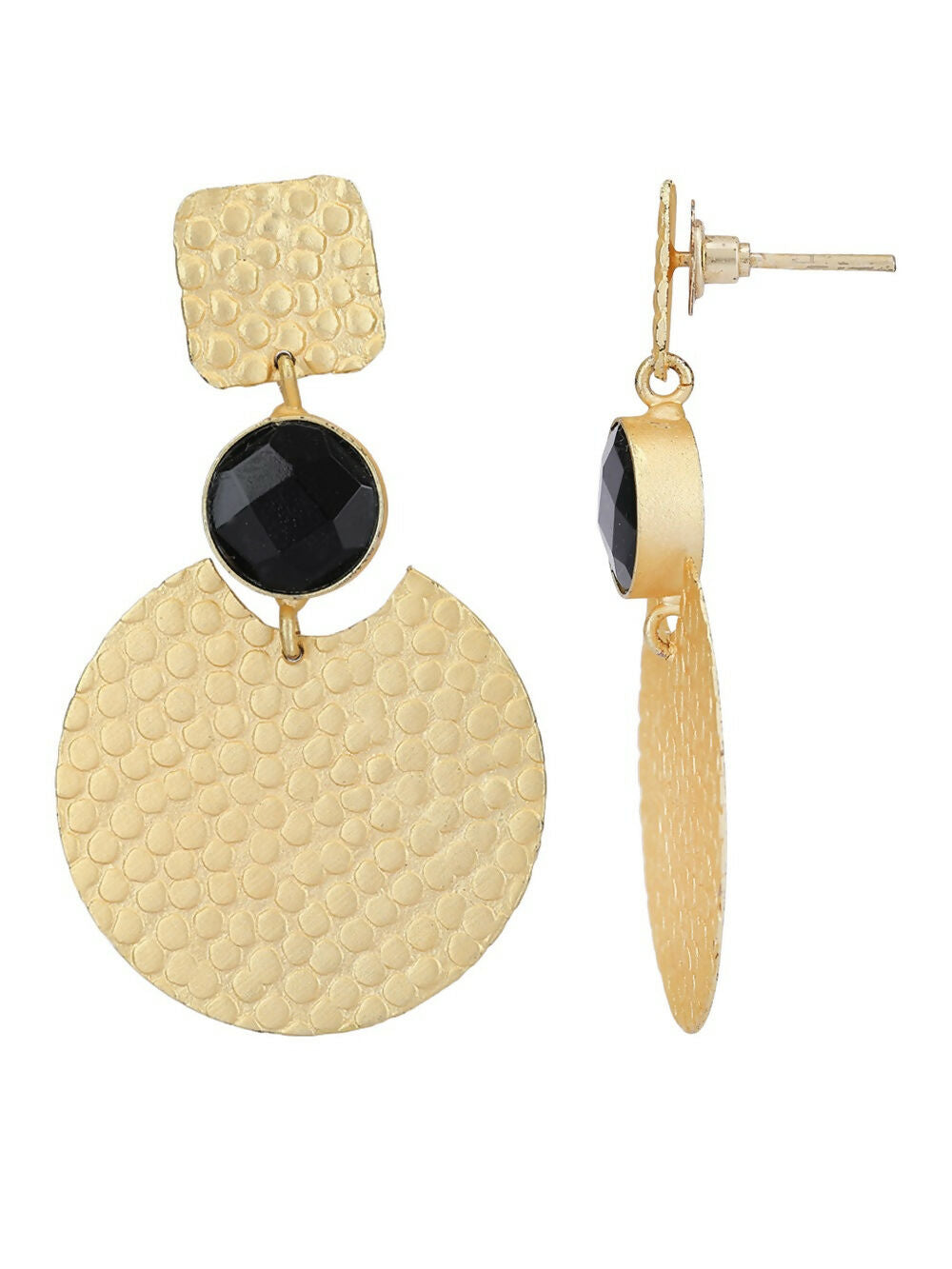 Matte Gold Round Drop Earrings with Black Detail