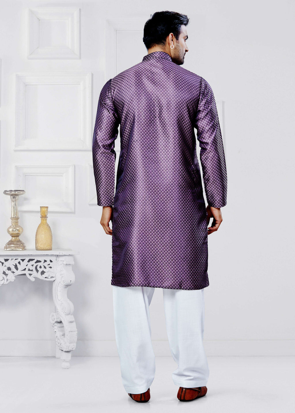 Boys Purple Jacquard Silk Kurta Pyjama Ethnic Set for Festivals