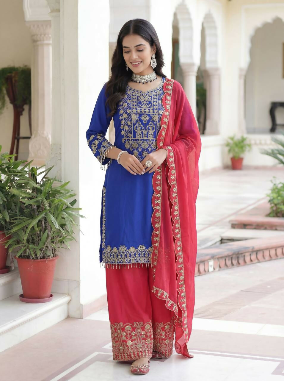 Blue Silk Embroidered Sharara Set for Traditional Occasions