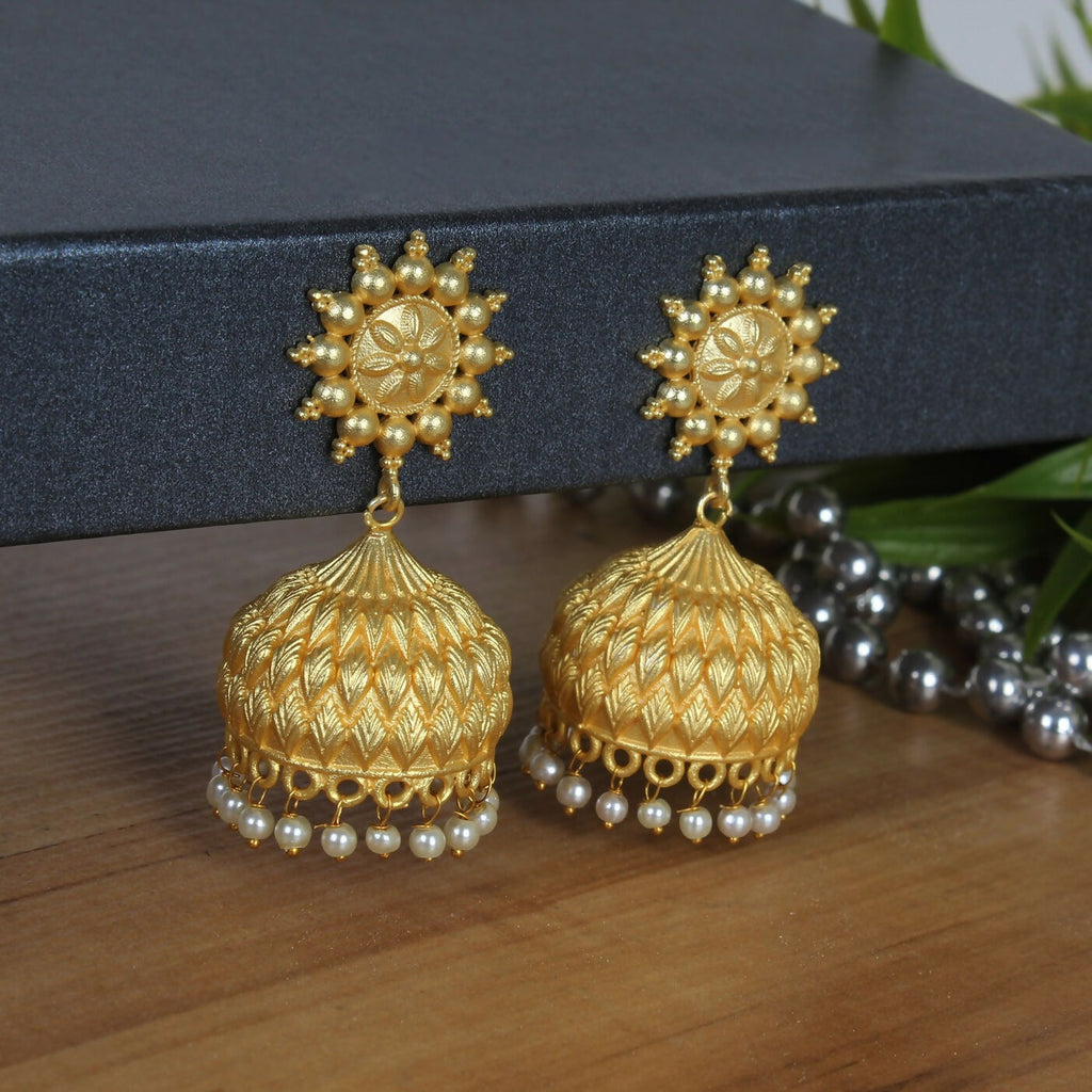 Matte Gold Brass Jhumka Earrings with Intricate Handcrafted Detail