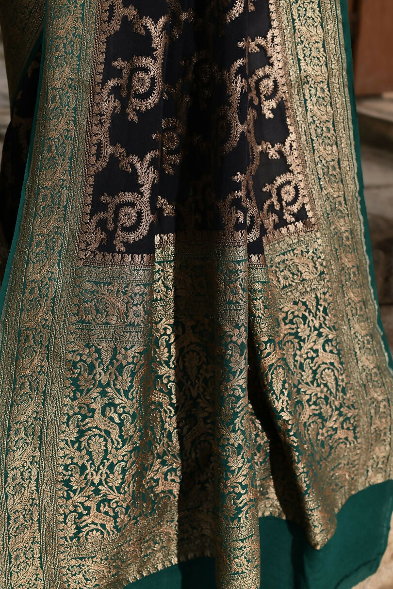 Navy Blue Crepe Chiffon Handloom Banarasi Silk Saree