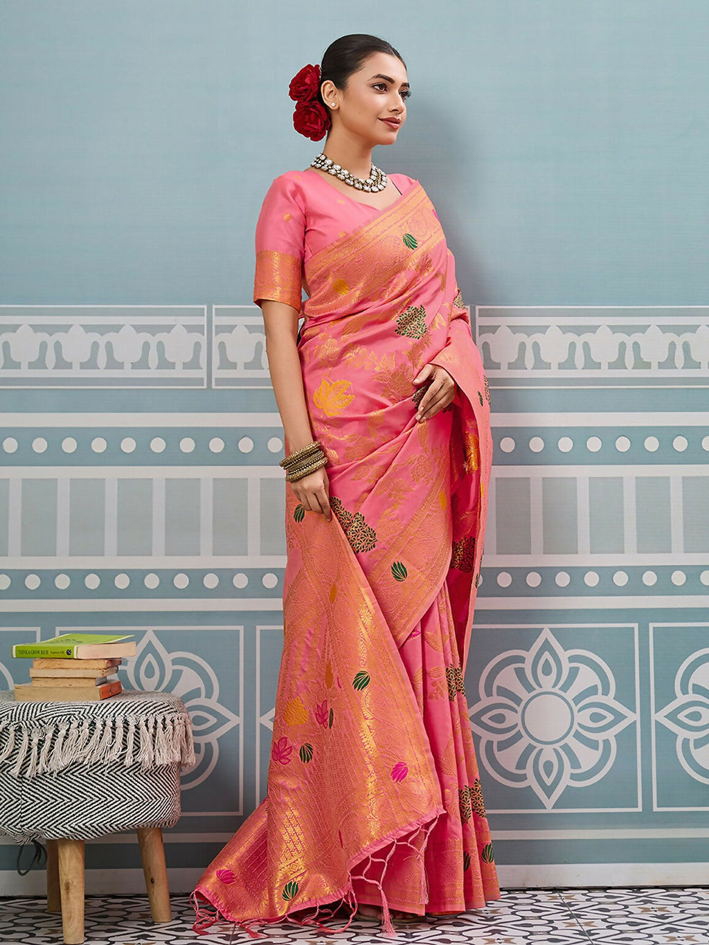 Gajari Silk Saree with Matching Silk Blouse