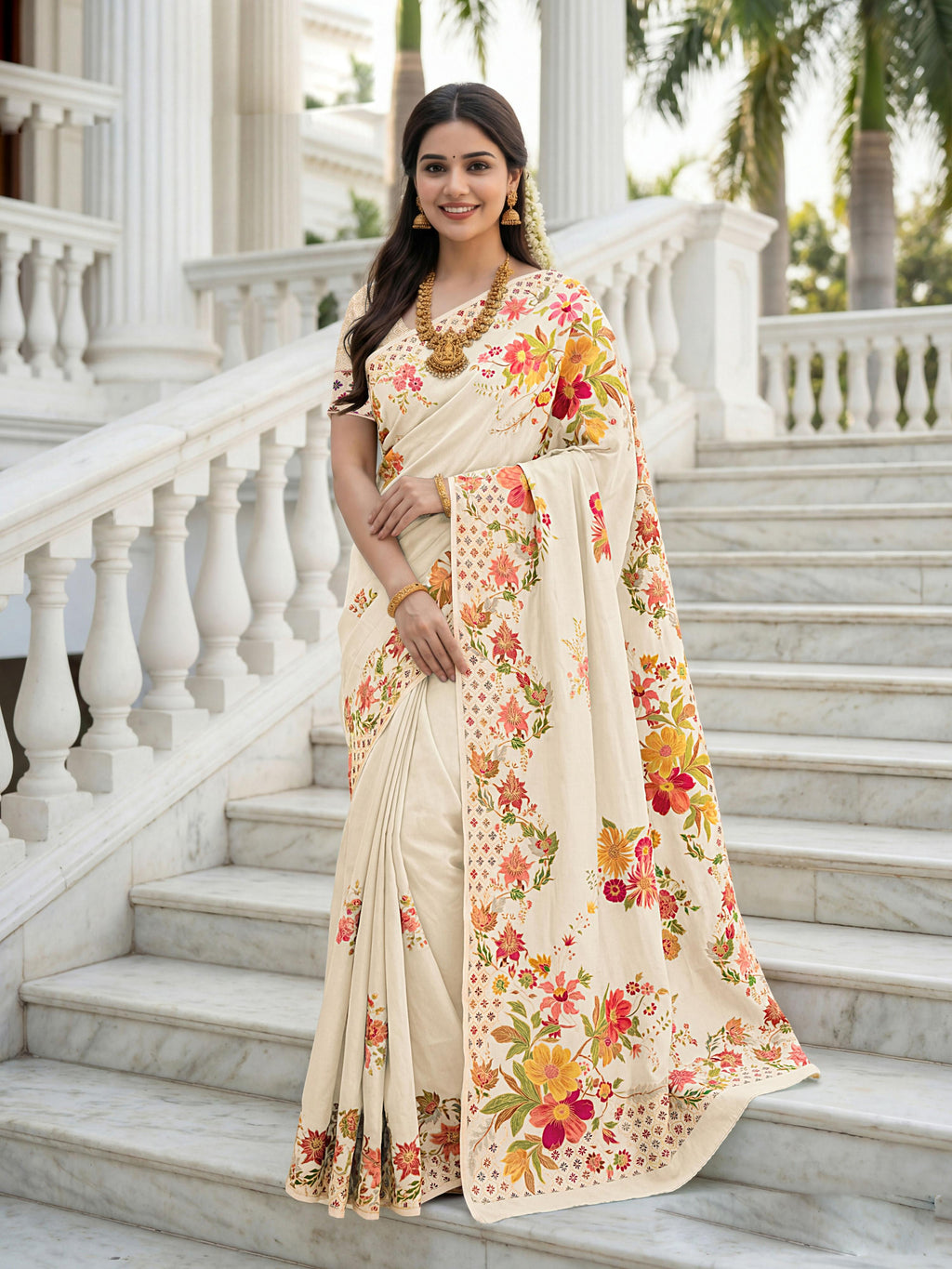 Cream Russian silk saree with designer floral position print
