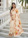 Cream Russian silk saree with designer floral position print