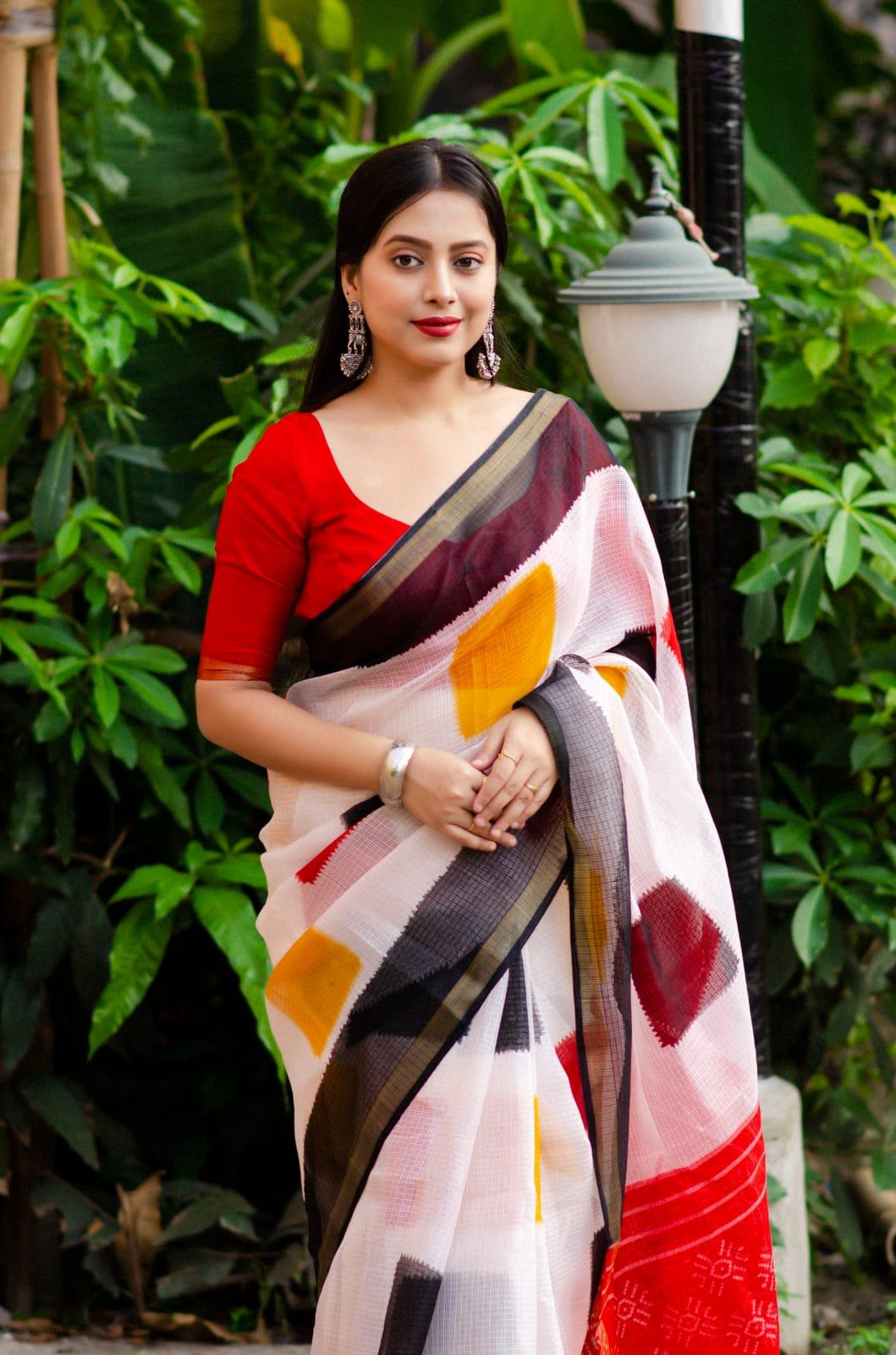 White Polycotton Saree with Ethnic Motifs and Zari Border