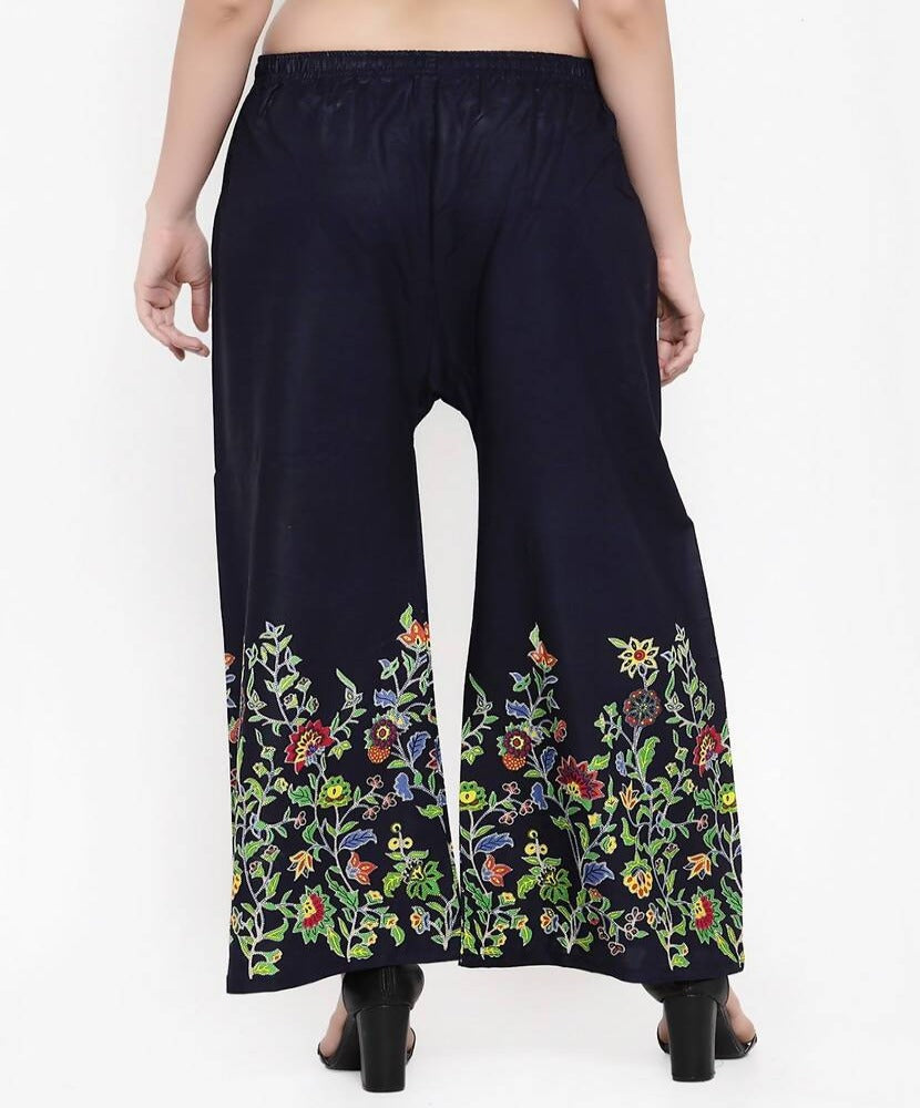 Navy Blue Floral Print Palazzo Pants - Comfortable Wide Leg