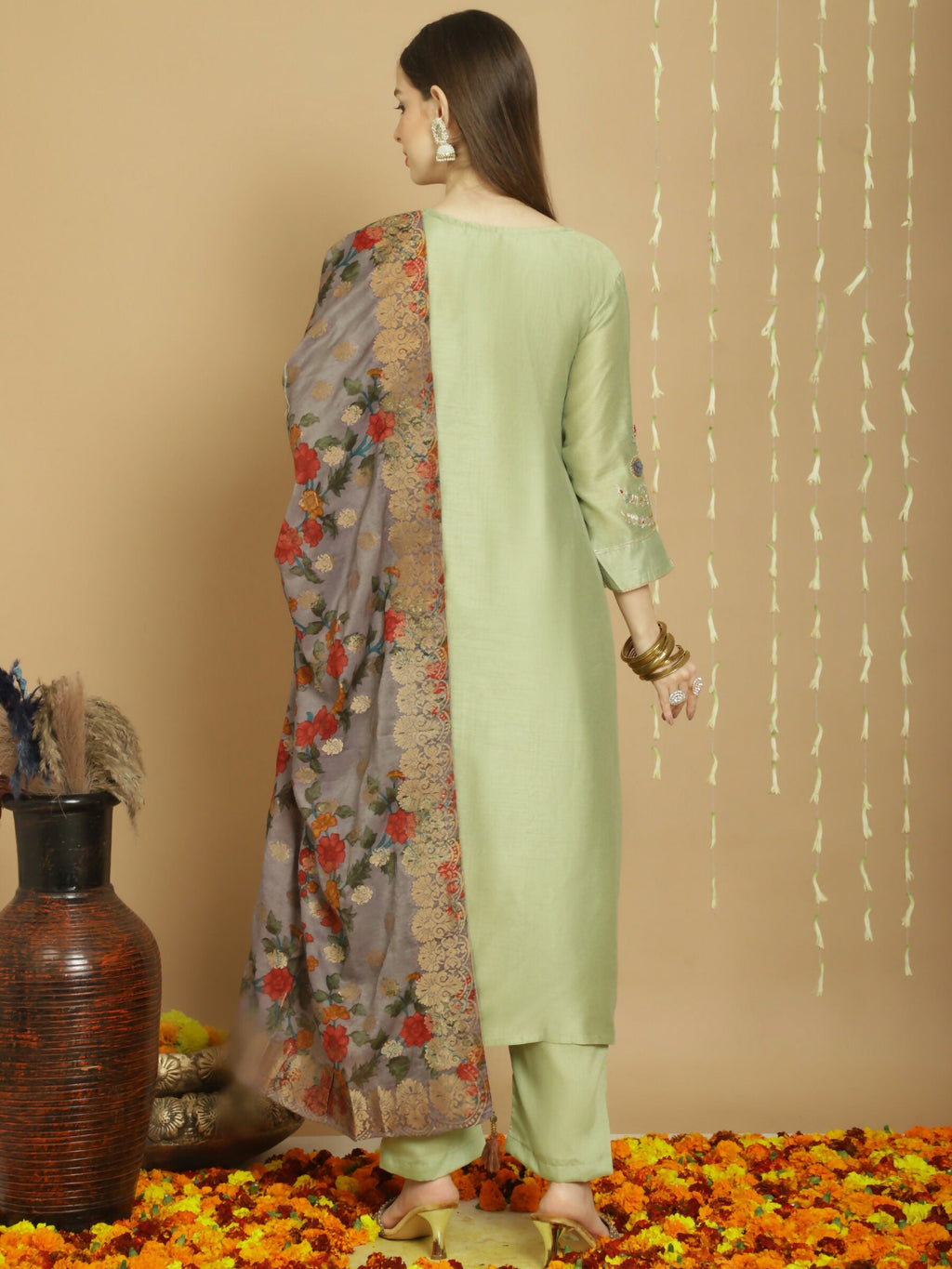 Women's Green Chanderi Silk A-Line Kurta with Trousers & Dupatta