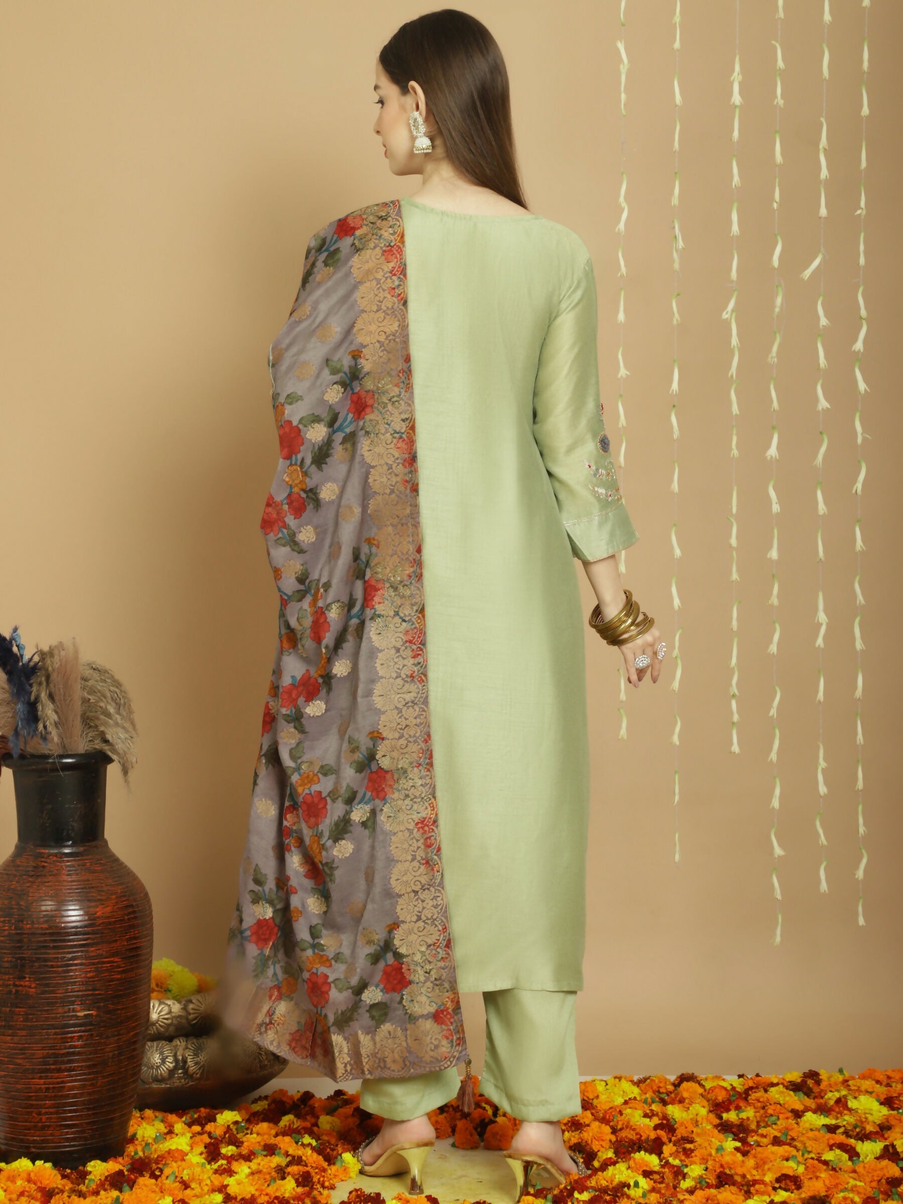 Women's Green Chanderi Silk A-Line Kurta with Trousers & Dupatta