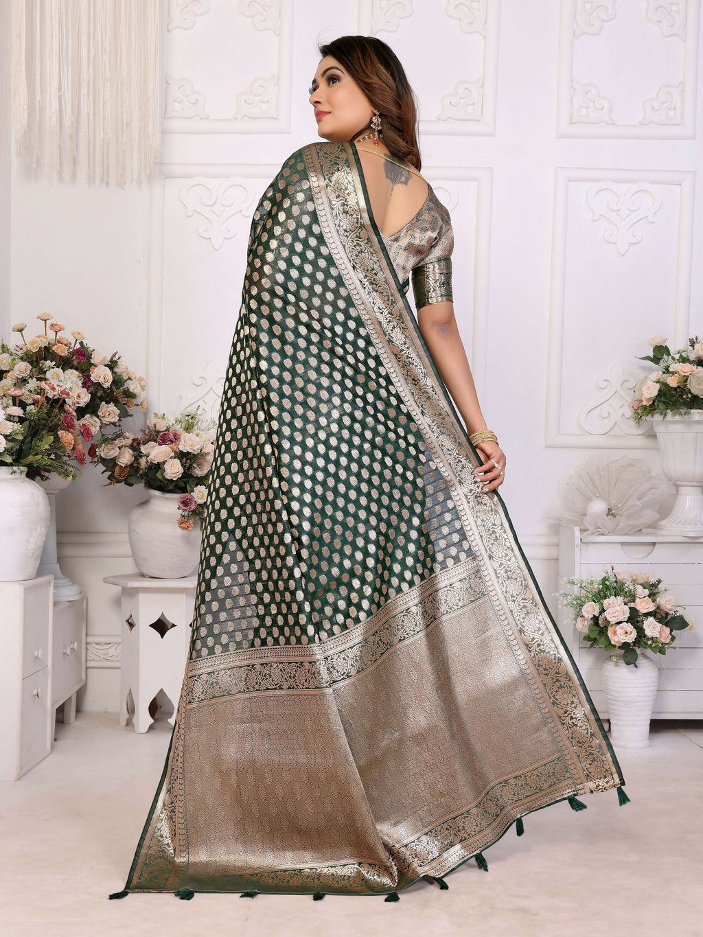 Dark Green Organza Silk Saree with Classic Weaving