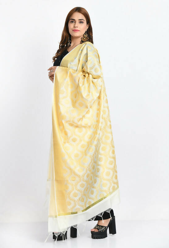 Women's Banarsi Silk All Over Woven Design Cream Dupatta