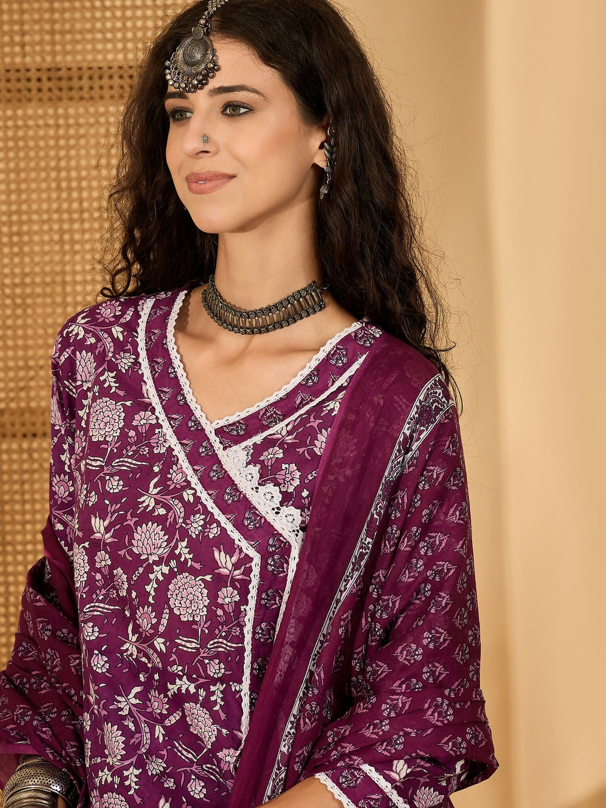 Purple Printed Pure Cotton Kurta Set for Women - Ethnic Wear