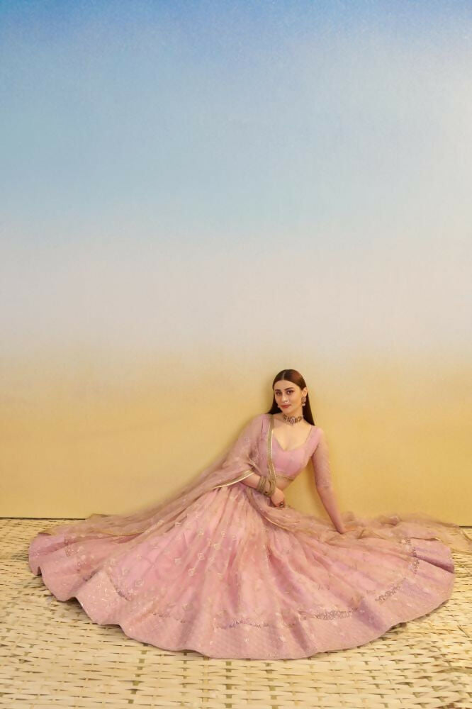 Pink Butterfly Net Lehenga with Tone-to-Tone Thread Work