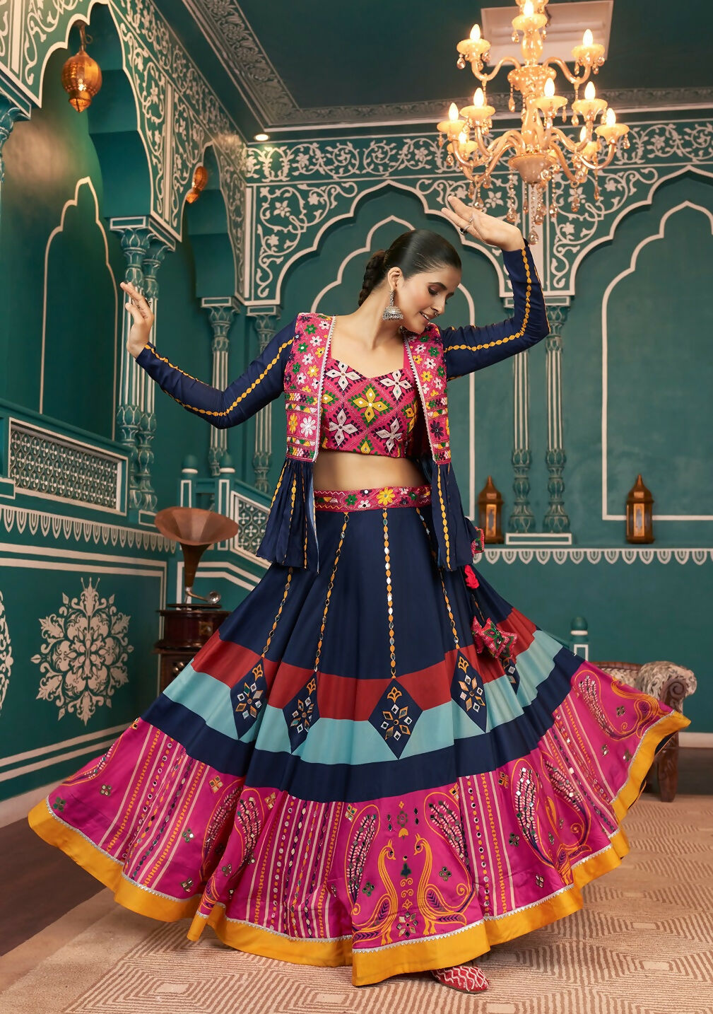 Multi-Color Poly Maska Silk Navratri Lehenga Choli Party Dress
