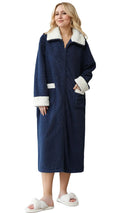 Soojun Womens Full Front Zipper Long Robes with Pockets Fuzzy Bathrobe Navy X-Large