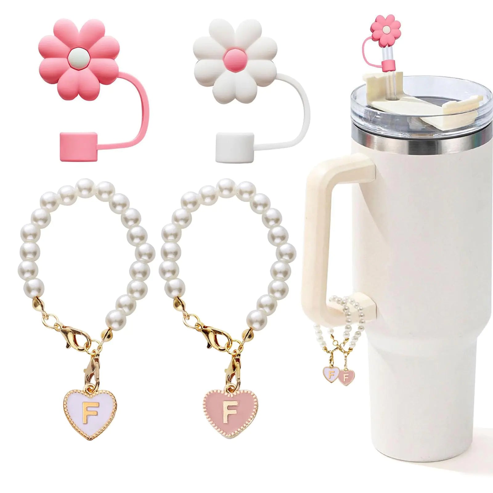 LUHOHI 4pcs Charms for Stanley Cup，Pearl Chain Accessories Stanley Cup Initial Letter Charms for Handle with 2pcs straw covers Stuff Decor Water Bottle Jewelry Tumbler Personalized Decorations ID Q