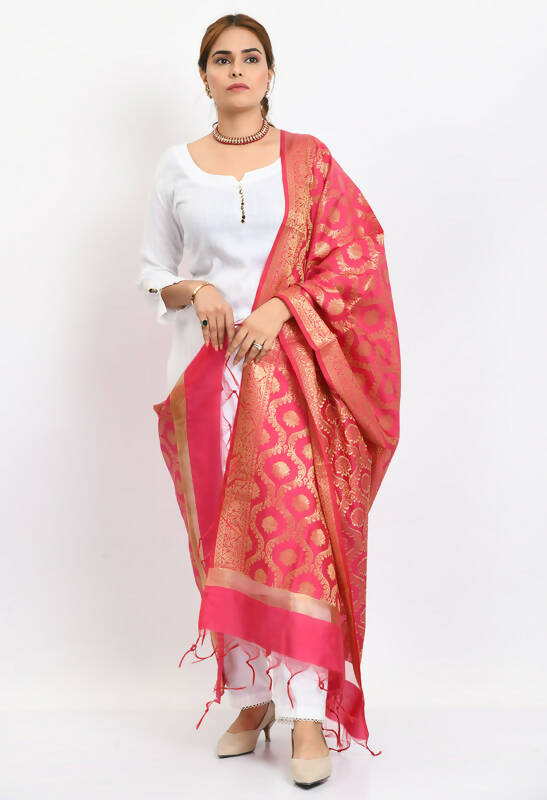 Pink Banarsi Silk Dupatta with Traditional All-Over Woven Design
