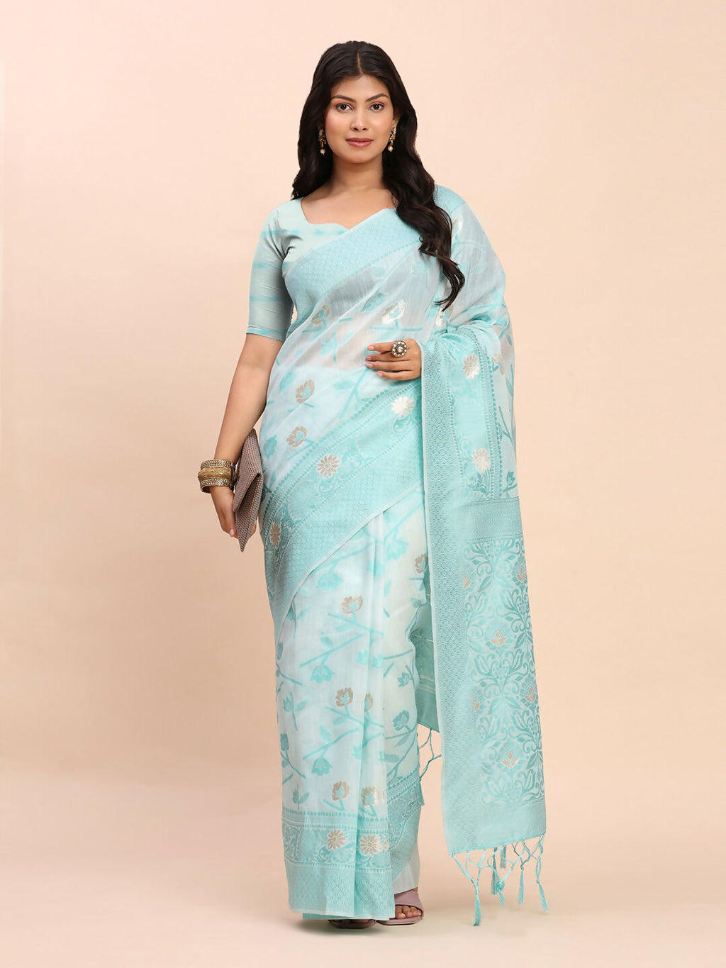 Classic Sky Blue Linen Cotton Saree with Matching Blouse