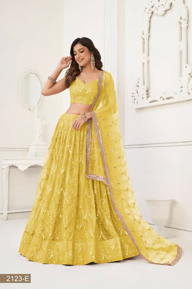 Yellow Butterfly Net Lehenga Choli with Mirror & Sequence Work