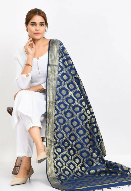 Women's Banarsi Silk All Over Woven Design Navy Blue Dupatta
