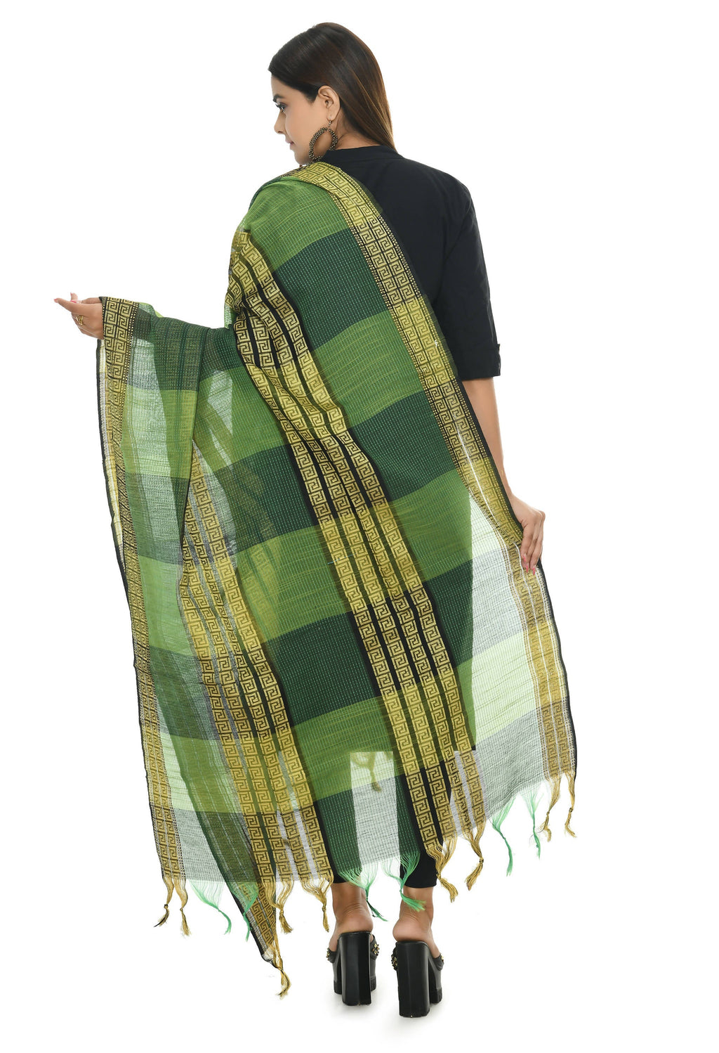 Green Tone Handloom Cotton Dupatta - Elegant Ethnic Scarf