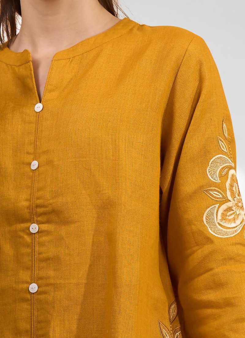 Yellow Cotton Linen Embroidered Cord Set for Festive Occasions