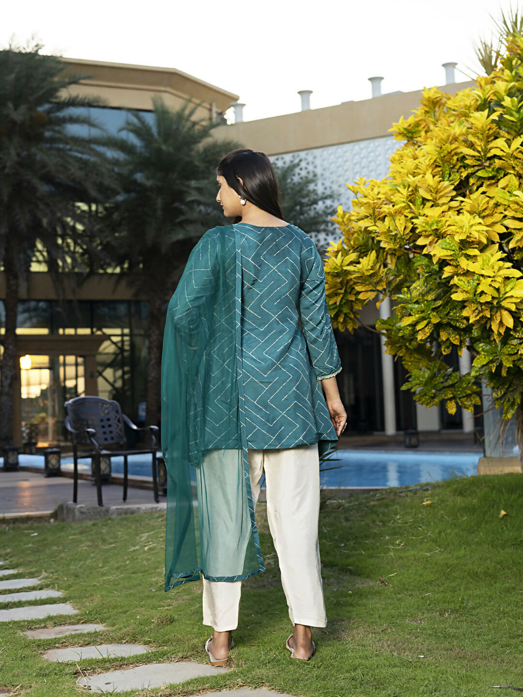 Teal Blue Pure Viscose Dola Silk Handwork 3-Piece Kurta Set