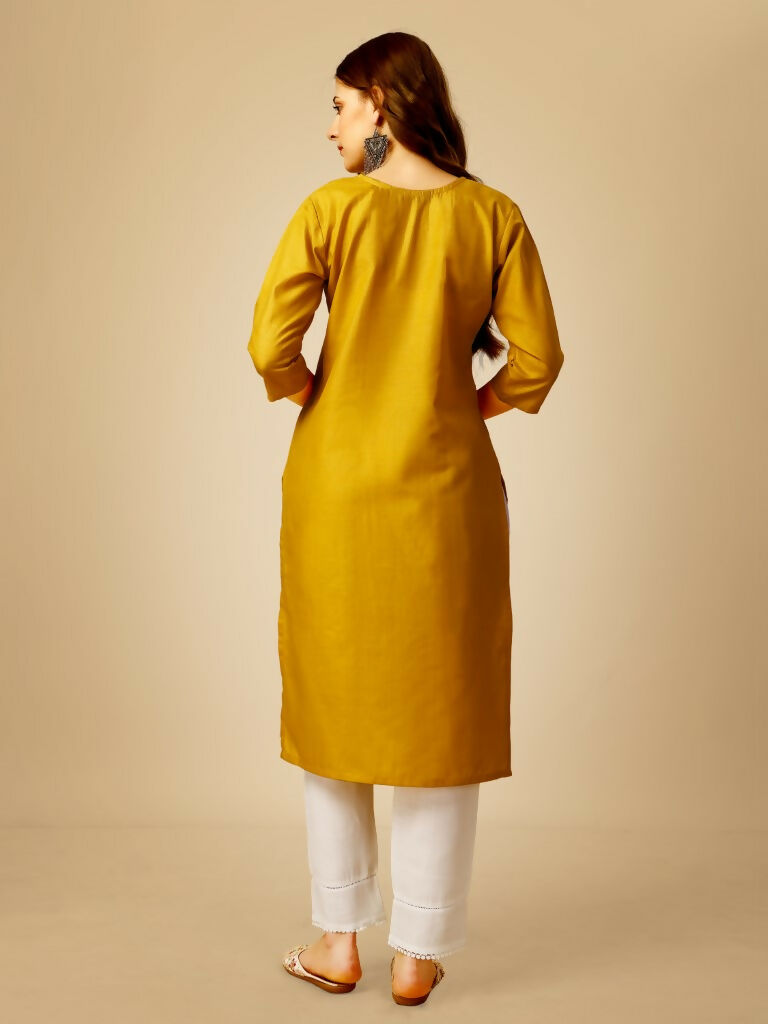 Jyoti Fashion Women's Yellow Cotton Blend Embroidered Kurta Pant Set
