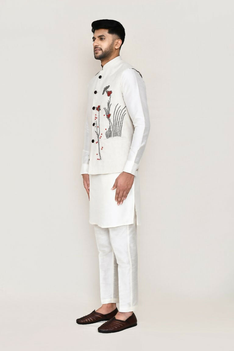 White Art Silk Kurta Set with Matching Jacket and Straight Pants
