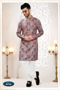 A straight-cut men's cream rayon kurta set featuring detailed all-over thread and sequence embroidery.