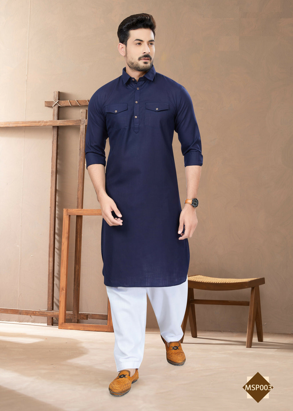 Boys blue heavy cotton plain kurta and pyjama set for formal events