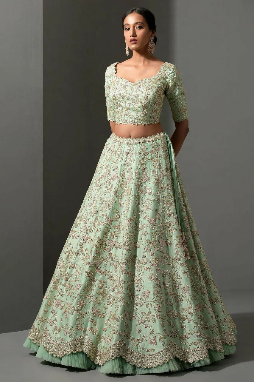 Sea Green Mulberry Silk Lehenga Choli with Ruffle Detail