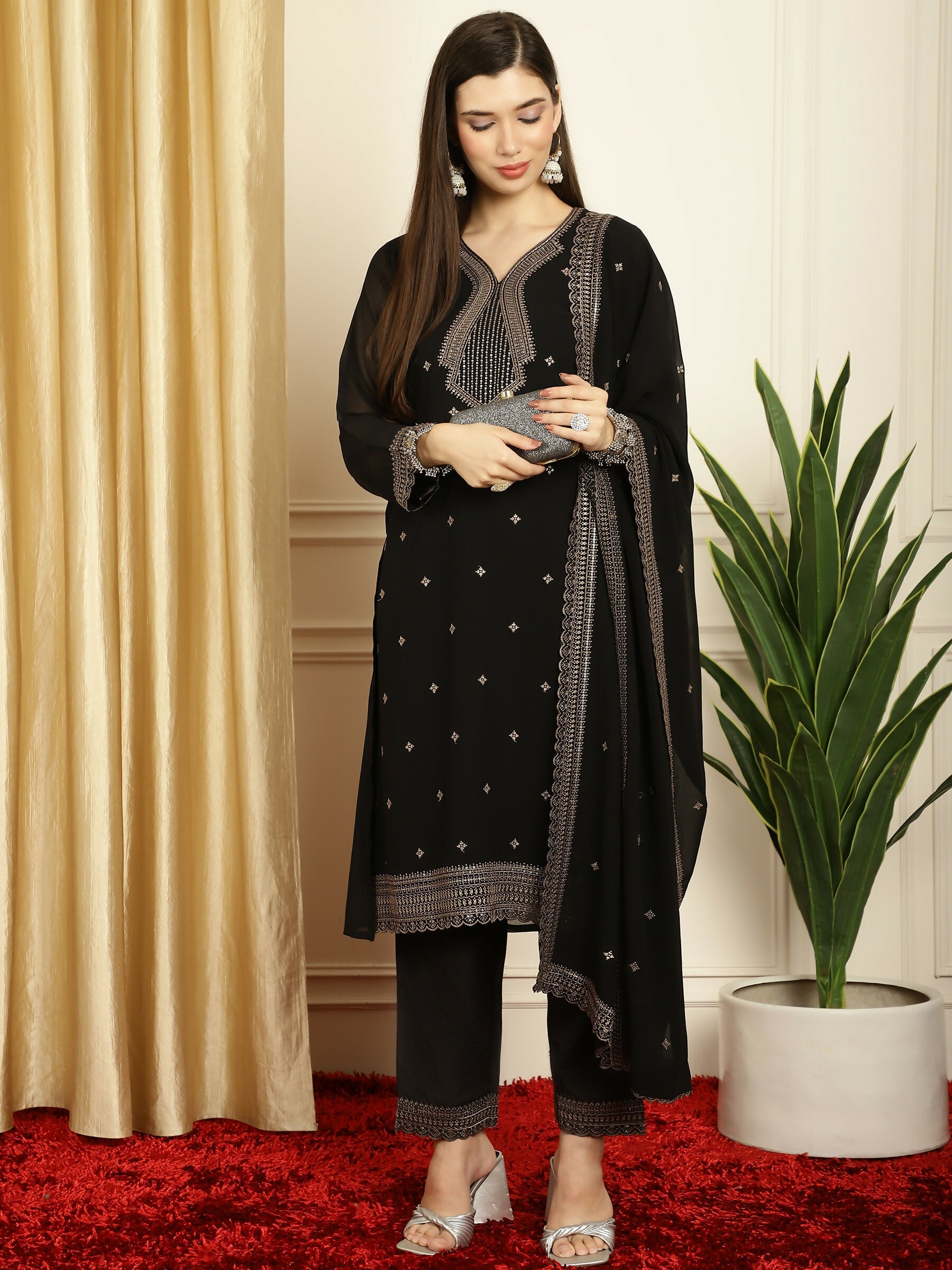 Women's Black Georgette Straight Kurta Set with Resham & Sequin Work