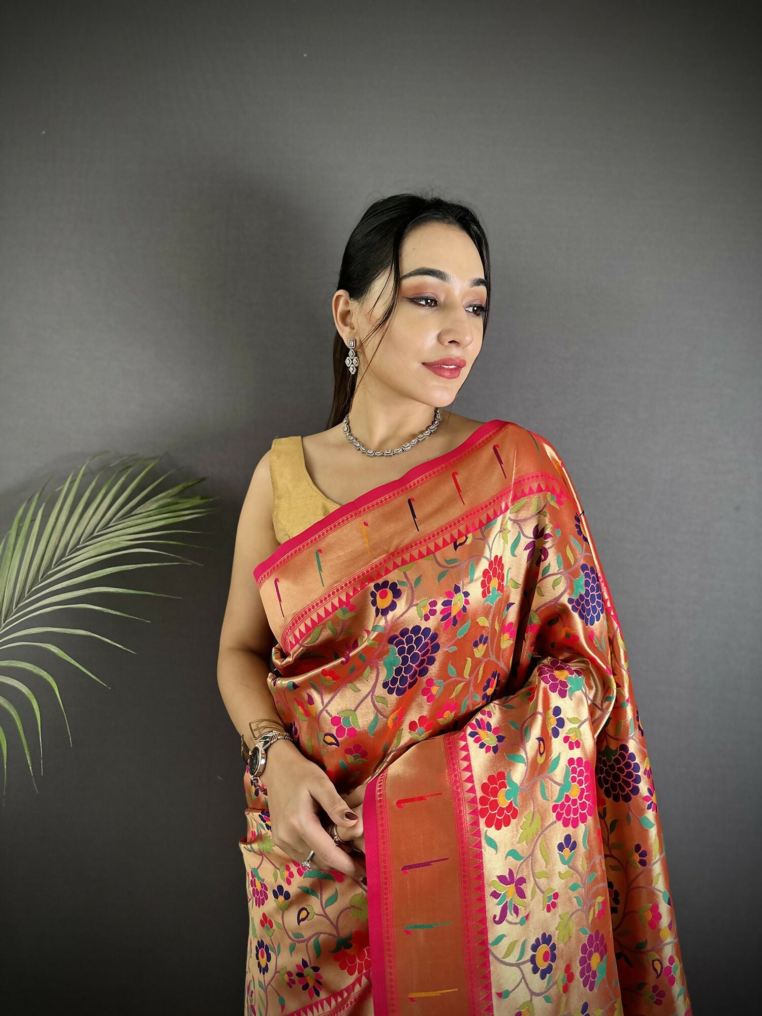 Golden-Orange Soft Silk Paithani Saree with Intricate Floral Motifs