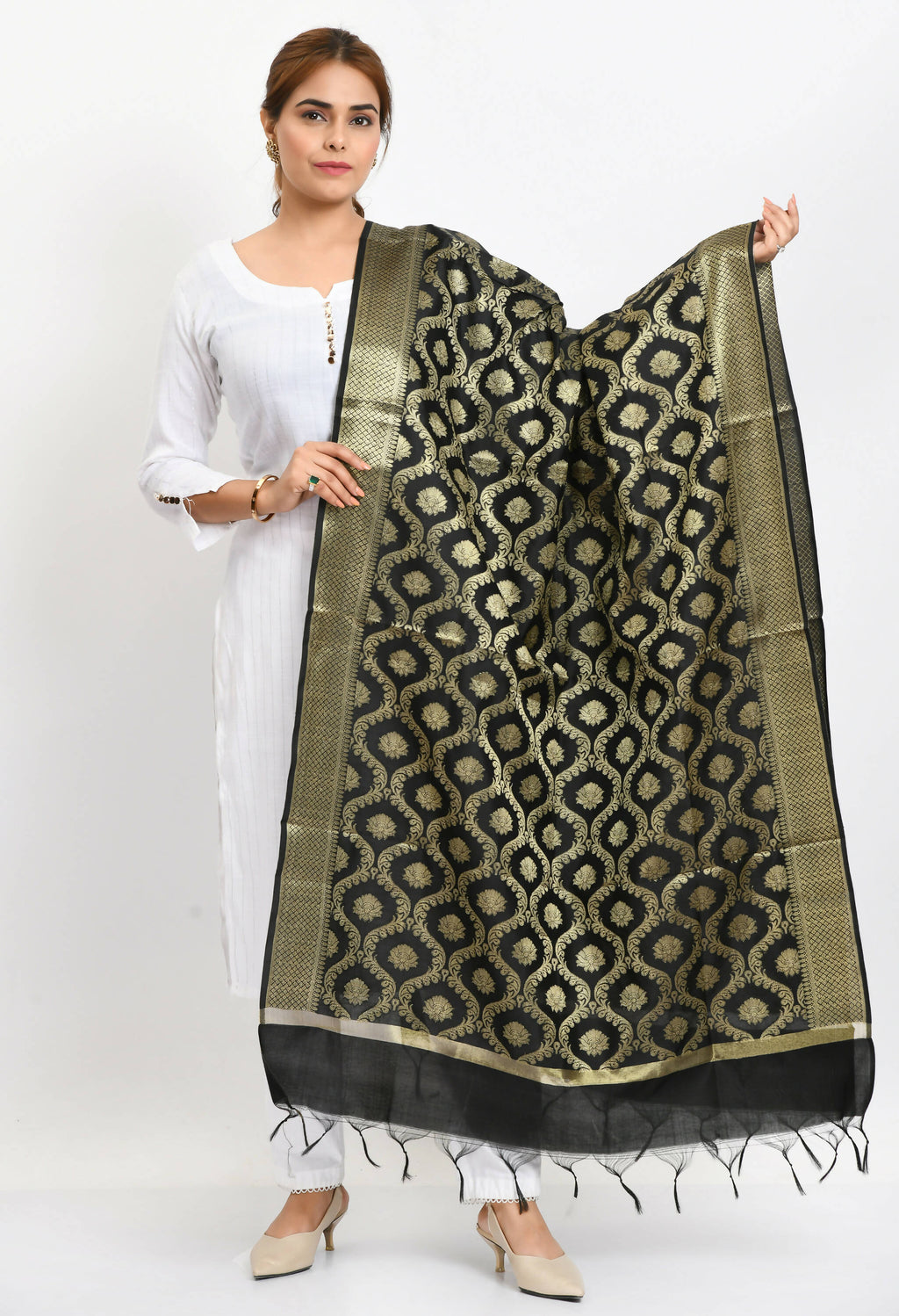 Elegant black Banarasi silk dupatta with intricate all-over woven gold-tone detailing