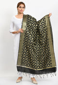 Elegant black Banarasi silk dupatta with intricate all-over woven gold-tone detailing