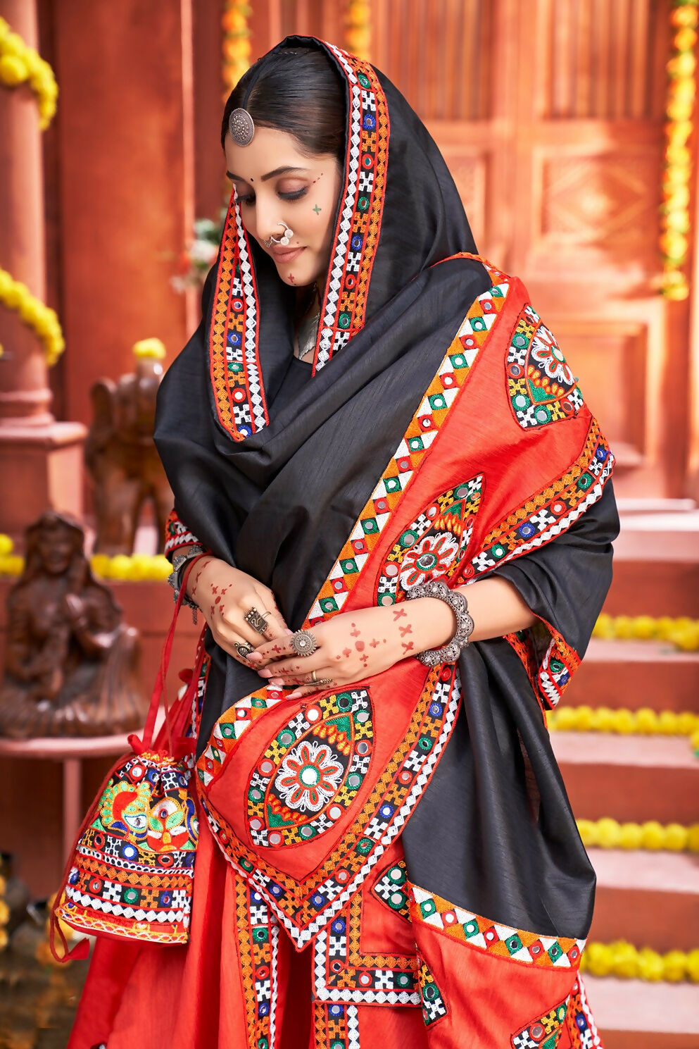 Red Art Silk Designer Navratri Lehenga Choli with Black Blouse