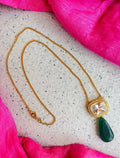 Elegant Green Zade Stone Kundan Chain Necklace with intricate brass detailing