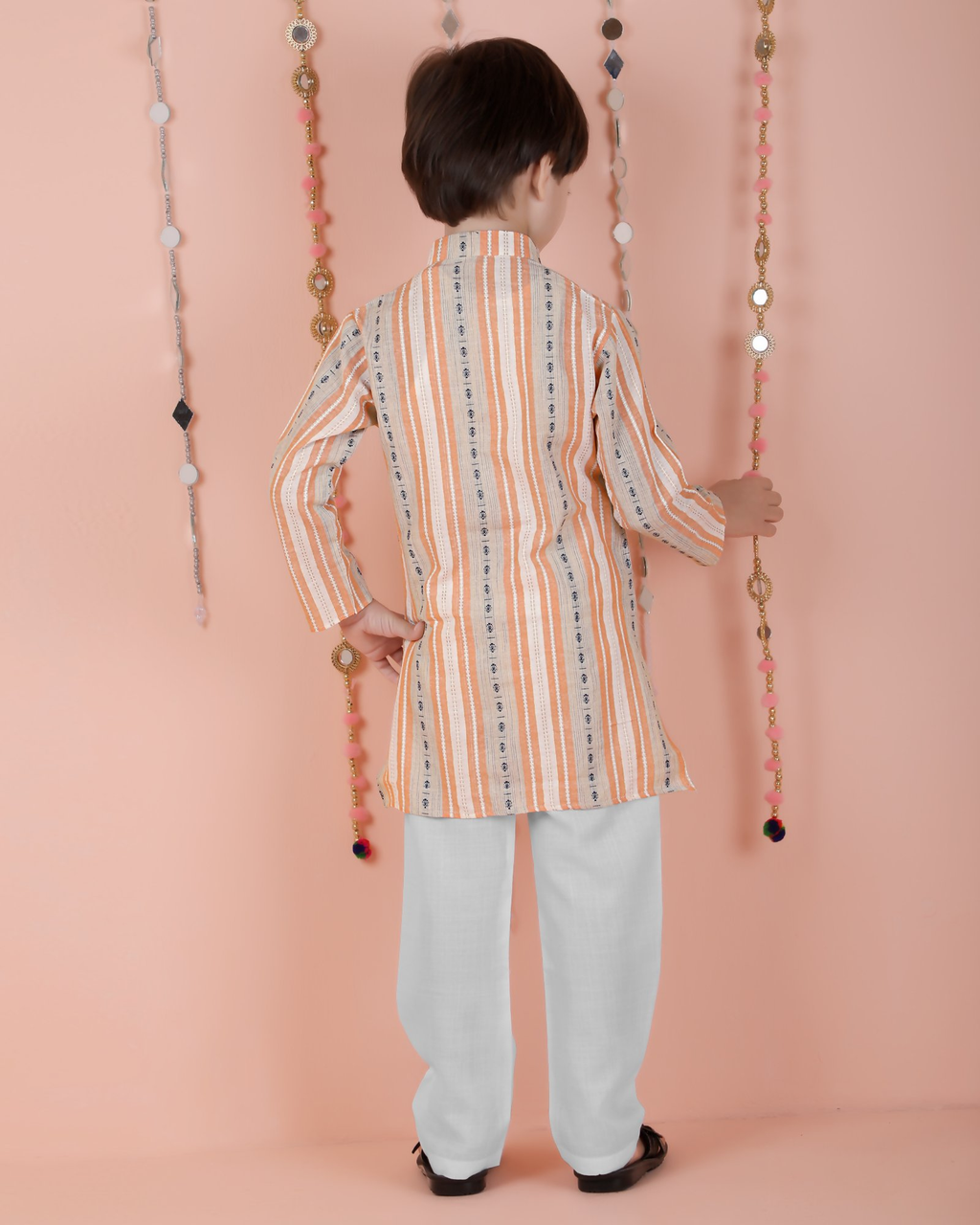 Kids Orange Striped Cotton Kurta and Pyjama Set - Full Sleeves